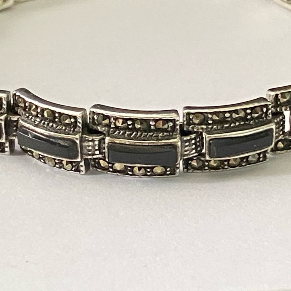 Vintage 925 Sterling Silver Marcasite and Onyx Link Bracelet Marsala - Picture 2 of 5